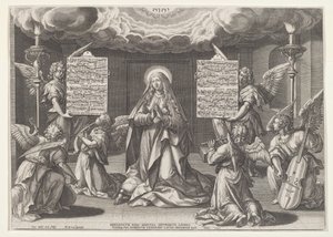 Magnificat: A Virgem cercada por anjos que fazem música, 1585. de Johann Sadeler I