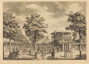Vauxhall Gardens mostrando o Grand Walk na entrada do jardim e a orquestra com música tocando de Johann Sebastian Müller after Samuel Wale