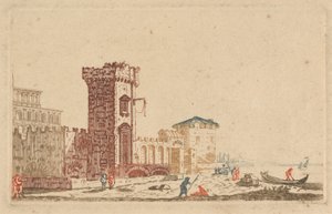 [Um de] Seis Gravuras Coloridas de Castelos, Ruínas e Paisagens Marinhas de Johann Teyler