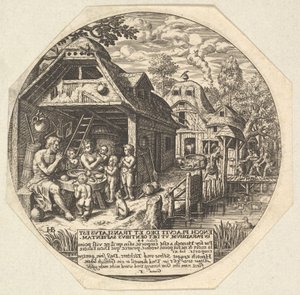 Enoque e sua família em torno de uma mesa de refeição e segurando as mãos em um gestur ..., ca. 1580-1623.