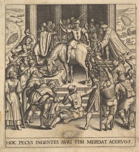 Homens coletando esterco caindo dos quartos traseiros de uma mula, com um cavaleiro sentado ba ..., 1592-1614. de Johann Theodor de Bry