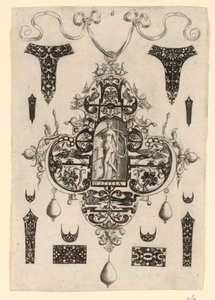 Placa 6, de uma série de oito desenhos de pingentes com as virtudes cardeais de Johann Theodor de Bry