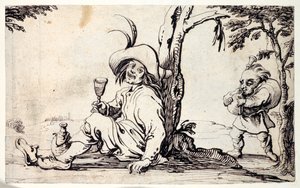 O vereador sentado refrescando-se e um anão com gaita de foles (caneta e tinta sobre papel)