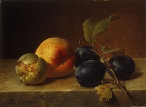 Um pêssego e ameixas em uma borda de mármore, 1860