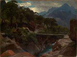Rio de montanha suíço com passadiço de Johann Wilhelm Schirmer