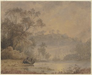 Lago na floresta, de cujas margens parte uma barca com três homens a bordo de Johann Wilhelm Schirmer