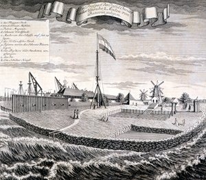 Madeira ou serraria da Companhia Holandesa das Índias Orientais na ilha a duas milhas de Batavia, pub. 1744. de Johann Wolfgang Heydt