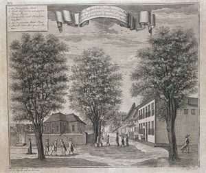 A Igreja Portuguesa e as casas chinesas e europeias numa rua de Batávia, a partir de uma série de vistas da Batávia Schau-platz da África e Ost-Indien, publicada em Nuremberga em 1744 de Johann Wolfgang Heydt