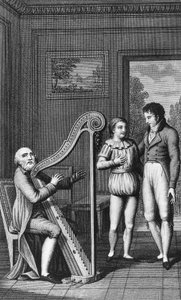 Harpista, Mignon, e Wilhelm, frontispício ilustrado para a Aprendizagem de Wilhelm Meister, romance de Johann Wolfgang von Goethe (1749-1832), gravura da edição publicada em 1802
