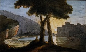 Pôr-do-sol sobre as ruínas romanas. Aquarela de Johann Wolfgang Von Goethe (1749-1832). O início do século XIX