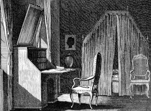 Quarto do Werther, ilustração de Daniel Chodowiecki (1726-1801), gravura inspirada em The Sorrows of Young Werther de Johann Wolfgang von Goethe (1749-1832)