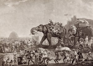 Embaixada de Hyderbeck em Calcutá, do Vizir de Oude, no Caminho de Patna, no ano de 1788, para conhecer Lord Cornwallis, pub.c.1800 (mezzotint) de Johan Joseph Zoffany