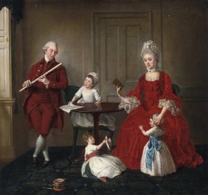 Rococo : Retrato do Sr. e Sra. James Blew e seus três filhos em um interior elegante par Johann Zoffany (Zauffelij) (1733-1810). 1660-1670, Óleo sobre tela, 75x80,3. Coleção Particular
