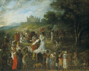 Sacrifício de uma viúva hindu sobre a pilha fúnebre de seu marido de Johan Joseph Zoffany