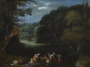 Latona transformando os camponeses da Lícia em sapos (depois de Elsheimer) de Johann or Hans (attr.to) Konig