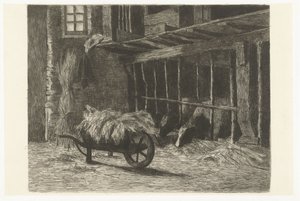 Interior de estábulo com vacas e carrinho de mão com feno de Johanna Henriëtte Besier