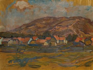 Paisagem com casas e montanha