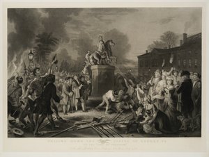 Puxando para baixo a estátua de George III, pelos filhos da liberdade, no Bowling Green, cidade de Nova York, julho de 1770, gravado por John C. McRae, depois de 1853