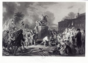 Descendo a Estátua de George III pelos Filhos da Liberdade, no Bowling Green, Cidade de Nova York, julho de 1776, pub. 1875 de Johannes Adam Simon after Oertel