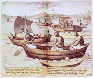 Barcos em Goa, ilustração de &39;Jan Hughen van Linschoten, seu discurso de viagens para o leste e oeste das Índias&39;, 1579-92