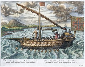 Fusta, ilustração de &39;Jan Huyghen van Linschoten, Seu Discurso sobre Viagens às Índias Orientais e Orientais&39;, 1579-92