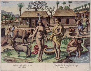 A vida em Goa, ilustração de &39;Jan Huyghen van Linschoten, seu discurso de viagens para o leste e as Índias Ocidentais&39;, 1579-92 (gravura a cores)