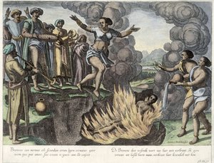 Sati, ilustração de &39;Jan Huyghen van Linschoten, seu discurso de viagens para o leste e as Índias Ocidentais&39;, 1579-92 (gravura a cores)