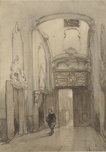Portal Rococo na Câmara Municipal de Haia com um homem em traje do século XVII de Johannes Bosboom