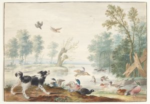Um cachorro e patos à beira do lago de Johannes Bronckhorst