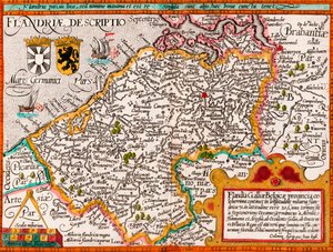 Mapa de Flandres, após o cartógrafo Matthias Quad de seu &39;Fasciculus Geographicus&39;, mais tarde coloração manual (gravura colorida)