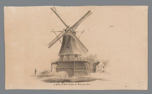 Vista do moinho de vento De Vink fora do Weteringpoort Moinho de Vento de Vink fora do Wetering Poort (título no objeto) de Johannes Cornelis van Pappelendam
