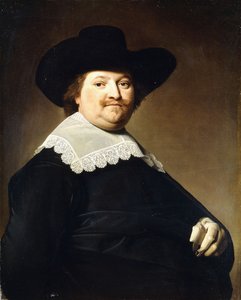 Retrato de um cavalheiro, de comprimento médio, vestindo um traje preto com um colar de renda branca e um chapéu preto,