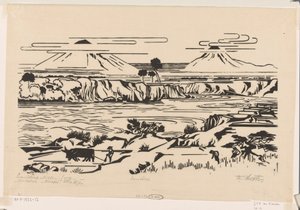 Paisagem, Java Central: Merbaboe, Merapi, rio Ello (título original sobre o objecto) de Johannes Frederik Engelbert ten Klooster (signed by artist)