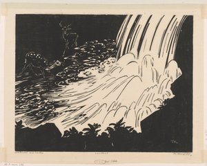 Waterval met herten (título original sobre o objecto) de Johannes Frederik Engelbert ten Klooster (signed by artist)