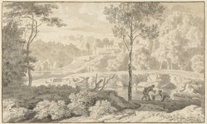 Paisagem Arcadian com figuras por um lago de Johannes Glauber