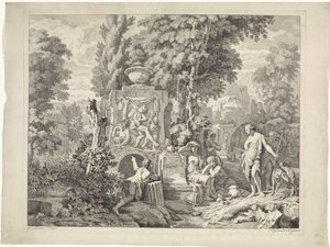 Paisagem com uma fonte e Diana e suas ninfas Representações bíblicas, mitológicas e alegóricas (título da série) de Johannes Glauber