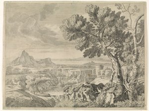 Paisagem com ravina e cachoeira Paisagens após Gaspar Poussin (título da série) de Johannes Glauber