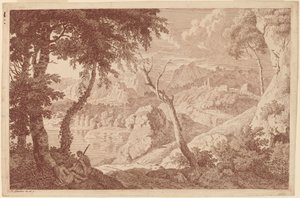 Paisagem de montanha com dois homens descansando de Johannes Glauber
