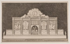 "Fachada da Decoração das Iluminações que Banqven em Kiøbenhavn na Bolsa de Valores erigiu por ocasião de Sua Majestade o Rei Friderich a V Liig Procissão" de Johannes Gottfred Bradt