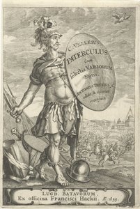 Guerreiro romano em frente a um campo de batalha
Página de título de Caius Velleius Paterculus cum Selectis Variorum Notis, 1659 de Johannes Hackius