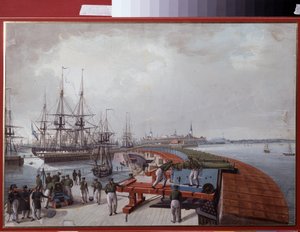 Vista de Reval (agora Tallin (Tallin), Estónia), do Porto e da Artilharia Costeira Russa. Trabalho de Johannes Hau (1771-1838), aguarela sobre papel de Johannes Hau