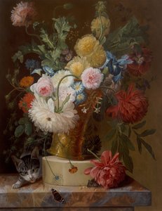 Natureza-morta de flores num parapeito com um gato de Johannes Hendrick Fredriks