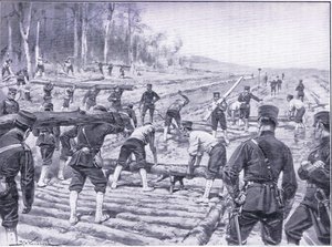 Engenheiros japoneses construindo uma estrada de madeira para as tropas, ilustração fromCassells História da Guerra Russo-Japonesa Vol 1, c.1900 de Johannes Hermann Barend Koekkoek