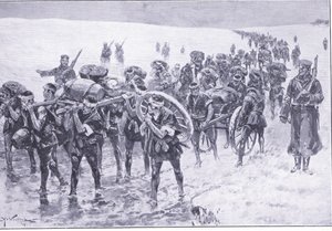 Japonês em marcha. Homens no lugar de pôneis de pacote, ilustração fromCassells História da Guerra Russo-Japonesa Vol 1, c.1900 de Johannes Hermann Barend Koekkoek