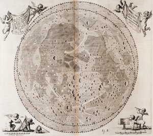 Primeiro mapa detalhado da Lua desenhado em 1647 por Johann Hevelius, impressão tirada do atlas celestial de Johann Hevelius (1611-1687) Selenographia sive Lunae descriptio, Gdansk