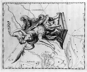 A constelação de Cassiopee: Cassiopee, esposa do rei da Etiópia Cephee, sentada numa cadeira enfeitada com palmeiras. Placa retirada do "Firmamentum Sobiescanum sive Uranographia" de Johannes Hevelius ou Hevel (1611-1687)