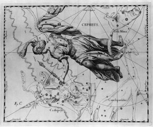 A constelação de Cefeu (ou Cefeu), rei da Etiópia. Placa retirada de "Firmamentum Sobiescanum sive Uranographia" de Johannes Hevelius ou Hevel (1611-1687)