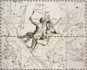 A constelação de Gêmeos, ilustração de Firmamentum Sobiescianum sive Uranographia, de Johann Hevelius (1611-1687), Gdansk 1690