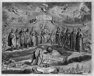 Os famosos astrónomos. Entre eles, da esquerda para a direita: Walterus (?) , Tycho Brahe (Tyge Ottesen Brahe), conhecido como Le noble Danish ou L