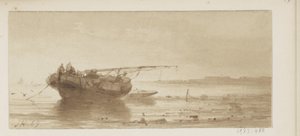 Navio com vela baixada sobre um rio